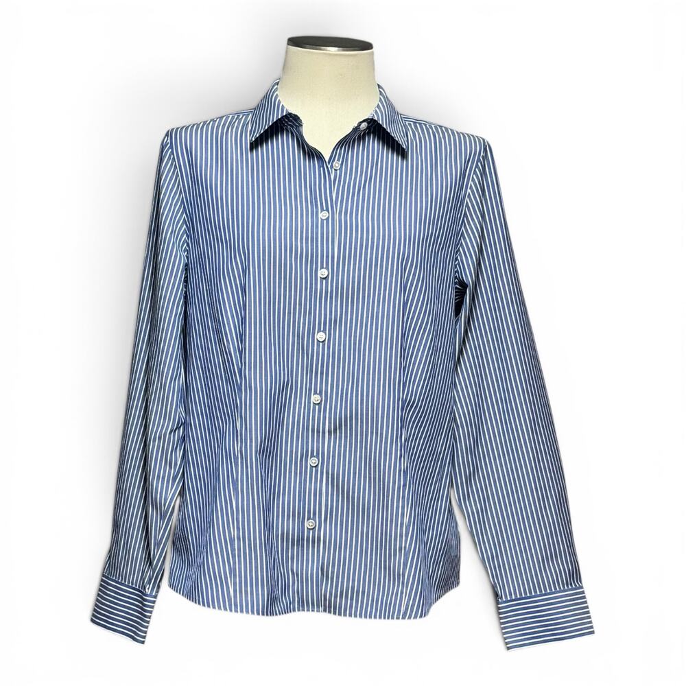Talbots Wrinkle Resistant Cotton Stretch Long Sleeve Top Blue White Stripe 14